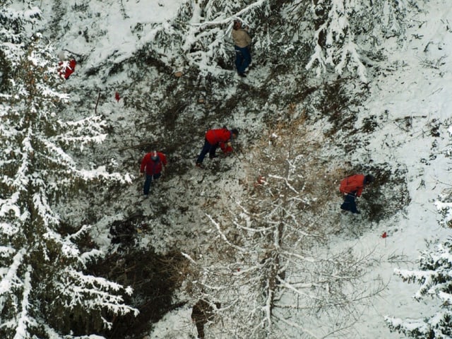 Helfer suchen nach Wrackteilen im verschneiten Wald.