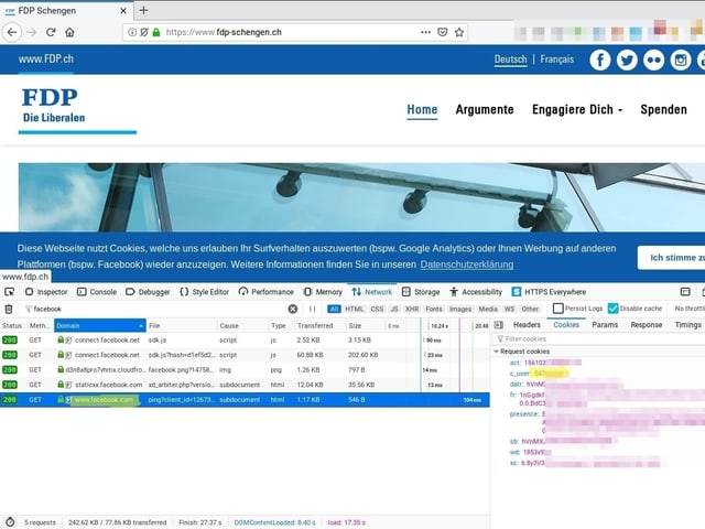 Screenshot: Die FDP gibt nur auf bestimmten Unterseiten Daten an Facebook weiter, so zum Beispiel auf der Kampagnenseite zur EU-Waffenrichtlinie. Dort wird auch explizit darauf hingewiesen – nur erfolgt auch hier die Weitergabe der Daten, bevor man auf «Ich stimme zu» geklickt hat.