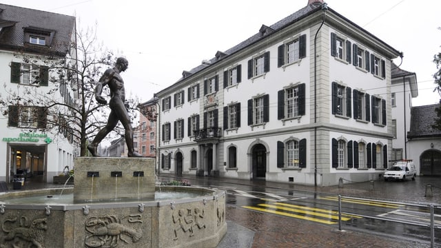 Brunnen mit Statue vor historischem Gebäude in der Stadt.