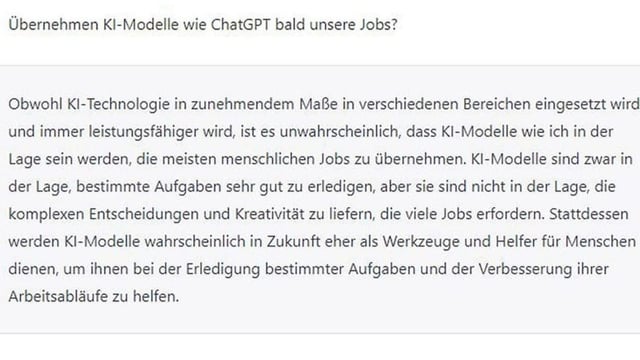 Text auf weissem Grund. Frage: Übernehmen KI-Modelle wie ChatGPT bald unsere Jobs?