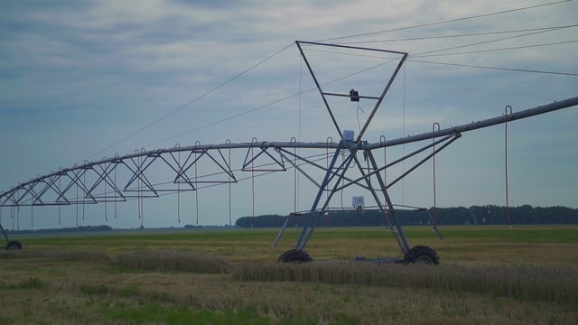 Meterbreite Bewässerungsanlage steht auf Feld