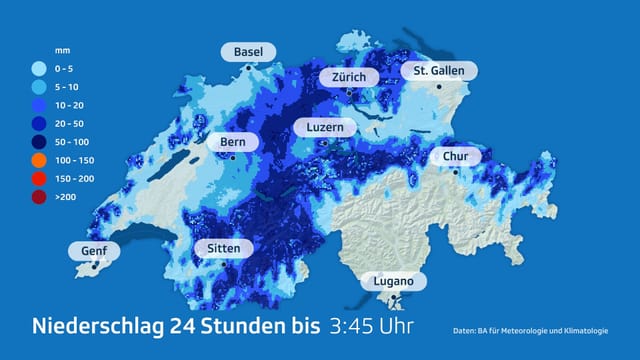 Niederschlagskarte der Schweiz in den letzten 24 Stunden.