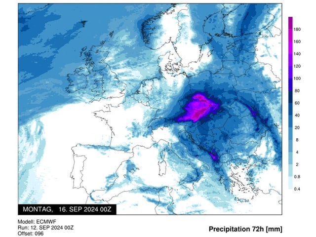 Karte von Europa mit Niederschlagsprognose für 72 Stunden.
