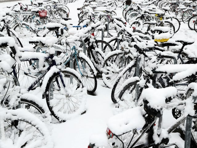 Snow-covered bikes mingle in the snow.