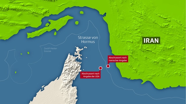 Karte der Strasse von Hormus mit us- und iranischen Angaben zum Abschussort der Drohne.