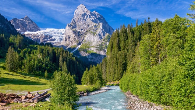 Grünes Bergtal mit Bach und markantem Berg in der Ferne mit Gletscher.