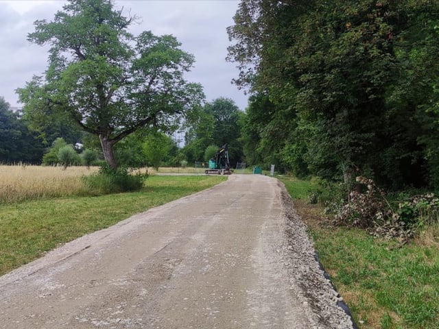 Schotterstrasse am Waldrand, im Hintergrund ein Bagger