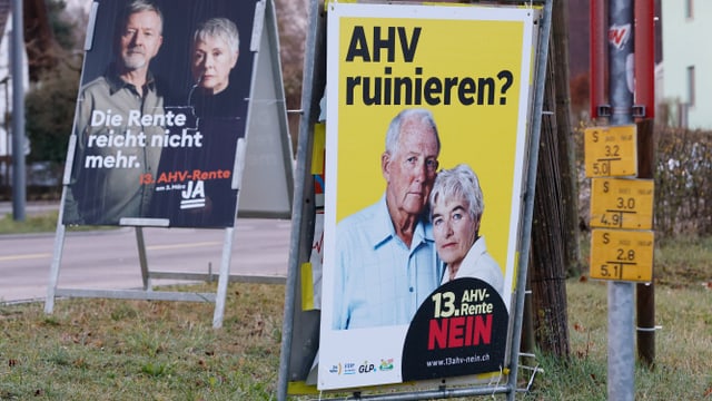 Zwei Plakate stehen auf einer Wiese nebeneinander. 