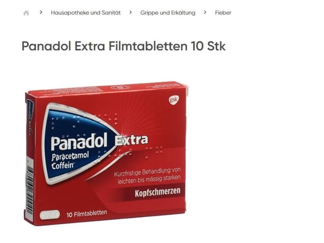 Packung Panadol in der Schweiz online zum Verkauf. 