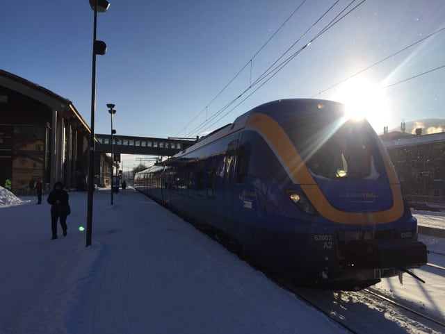 Ein Zug fährt am Bahnhofen ein.