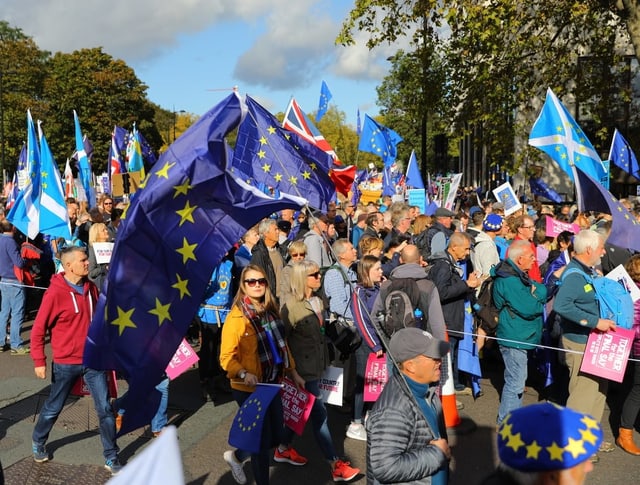 Menge mit GB- und EU-Fahnen.