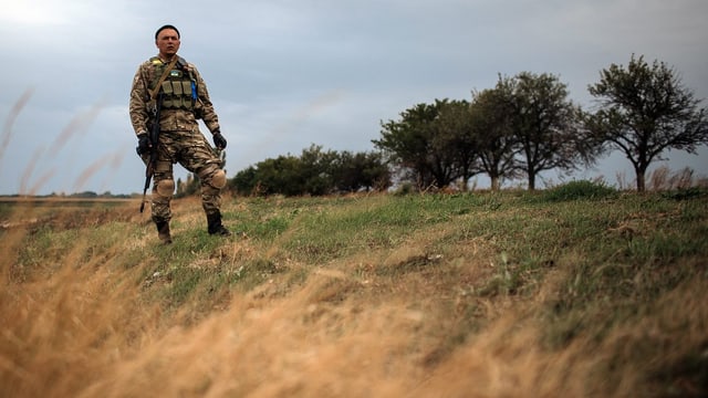 Ein ukrainischer Soldat steht Wache nahe der Stadt Volnovaha.