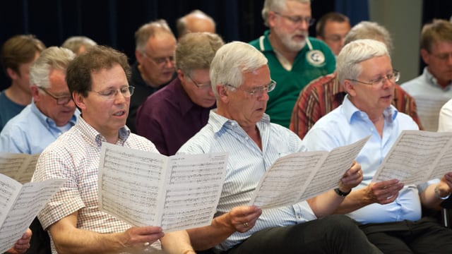 Drei Sänger blicken beim Singen auf ihre Noten.