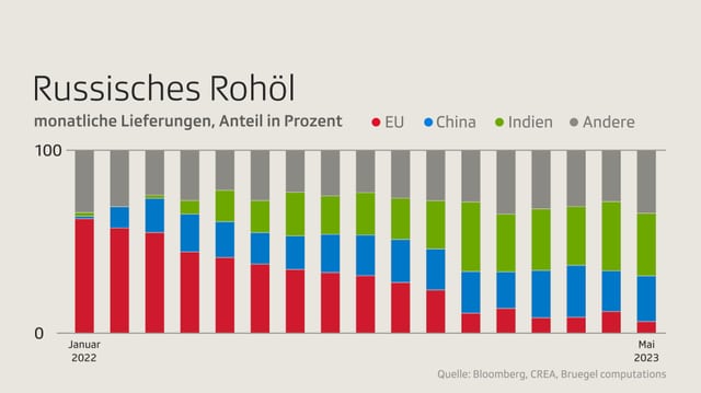 Grafik zur monatlichen Lieferung von russischem Rohöl in Prozent.