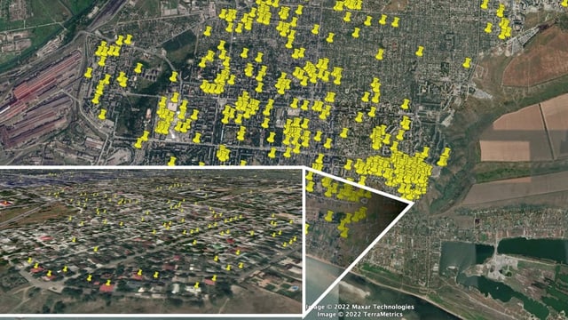 Schadensanalyse eines Stadtteils von Mariupol. 