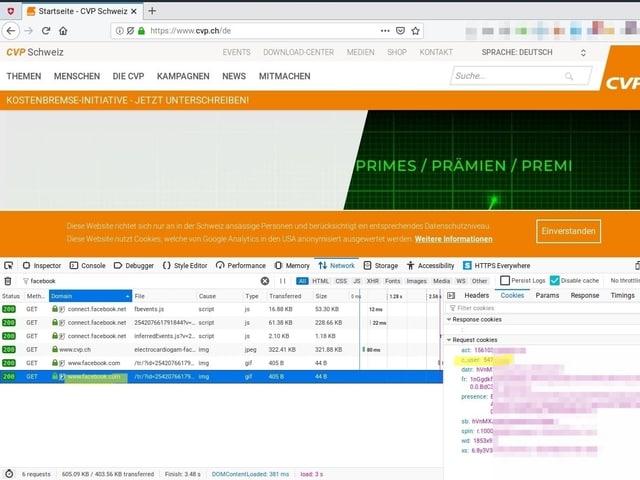 Screenshot: Beim initialen Aufruf der CVP-Website wird die Warnung angezeigt, dass das Tracking-Tool «Google Analytics» eingesetzt wird. Von Facebook ist keine Rede. Trotzdem wird unmittelbar und ungefragt eine Anfrage an den Facebook-Server geschickt. Inhalt: Ein Cookie mit der zuvor gespeicherten Nutzerkennung (gelb markiert).