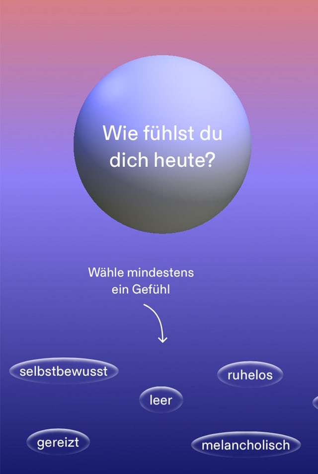 Auf einem Bildschirm steht oben «Wie fühlst du dich heute?», darunter mehrere Adjektive zur Auswahl