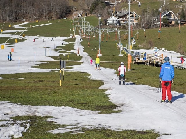 Bild von Leuten, die auf nur wenig Schnee Skifahren.