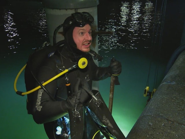 Mann mit Taucheranzug steigt auf einer Leiter ins Wasser