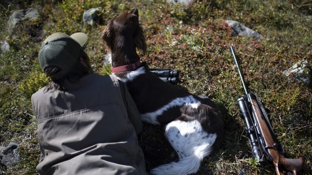 Mann mit Hund und Gewehr auf der Lauer