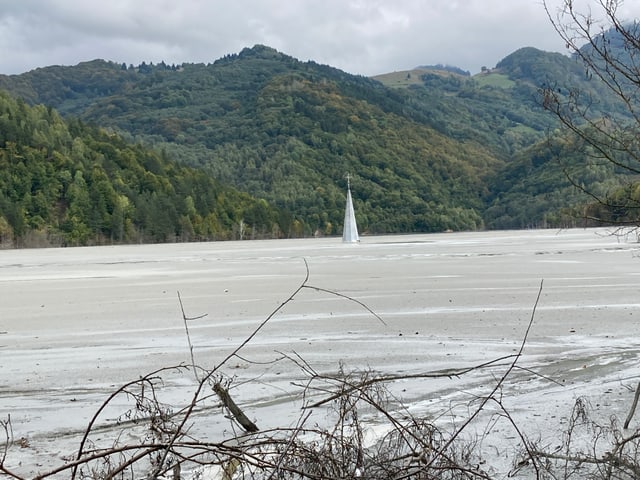 Ein silbernes Kreuz mit einem spitzen Dach ragt aus grauem Wasser. Dahinter grüne Wälder.