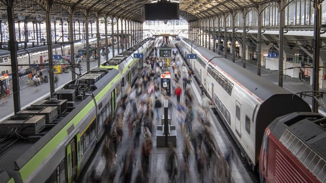 Es sind zwei Züge in den Bahnhof eingefahren. Es steigen über Hundert Zugreisende (verschwommen) aus.