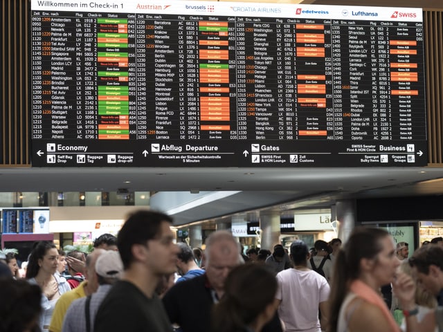 Menschenmenge unter grosser Abflugtafel am Flughafen.