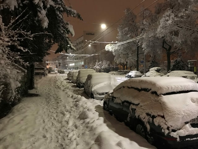 Snow covered cars in Zurich.