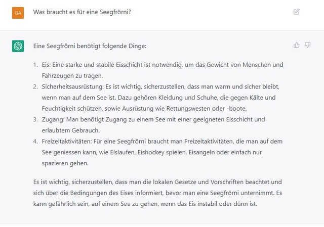 Automatisierte Text-Antwort auf die Frage, was eine Seegfrörni ist.