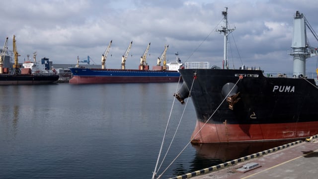 Im Vordergrund ein grosses Frachtschiff, im Hintergrund ein grosses Frachtschiff, dazwischen das Meer