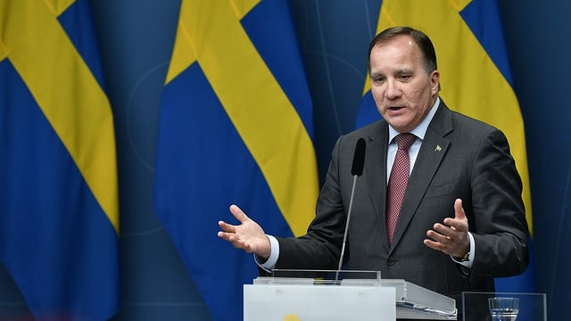 Swedish Prime Minister Stefan Löfven on the podium.