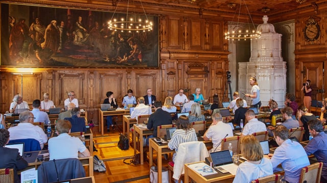 Politikerinnen und Politiker diskutieren in einem Saal.