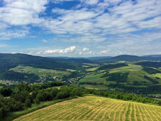 Eine hügelige Landschaft mit Getreidefeldern und Wäldern.