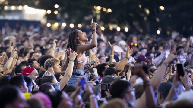 Jubelnde Menschengruppe auf einem Festivalgelände