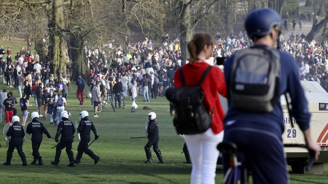 Mass gathering in a park, the police intervene. 