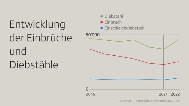 Grafische Aufarbeitung der Anzahl Diebstähle und Einbrüche.