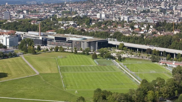 Grosse Rasenflächen sind neben einer Stadt.