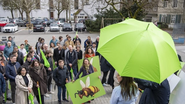 Menschen mit Grünen Schirmen.