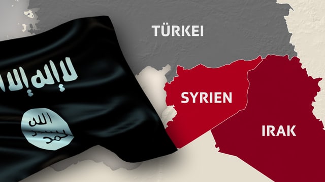 Schwarze Dschihadisten-Flagge sowie Karten-Ausschnitt der Umrisse von Syrien und Irak zeigt.