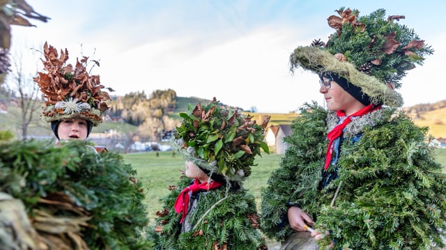 Kinder verkleidet mit Ästen, Blättern und Tannennadeln. Mit Glocken.