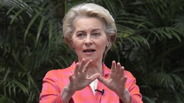 Ursula von der Leyen spricht vor einer Wand auf Pflanzen.