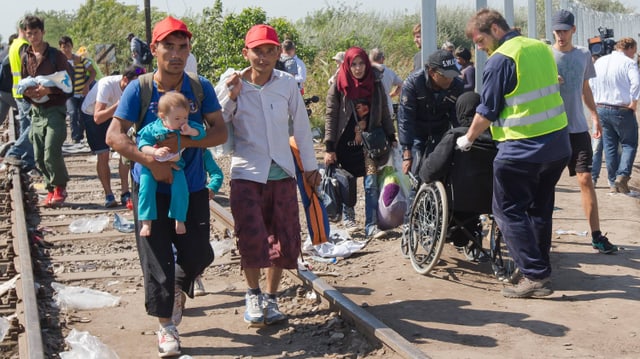 Zwei Männer überqueren mit einem Baby die Grenze nach Ungarn.