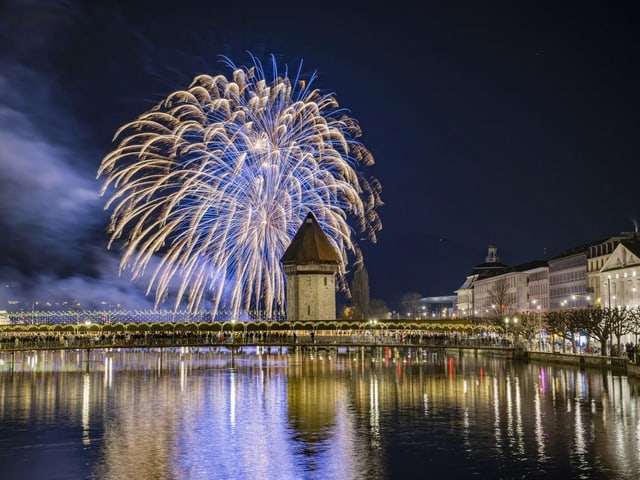 Die Kappelbrücke mit dem Wasserturm. Ein Feuerwerk erleuchtet im Hintergrund den Himmel. 