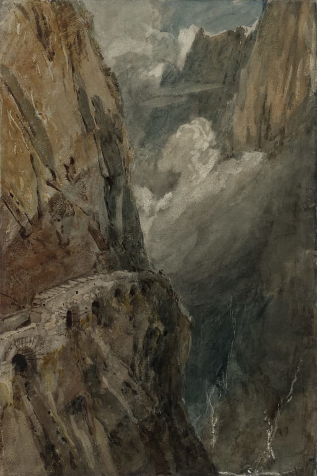 Ein Aquarell von William Turner: dunkles Gebirge.