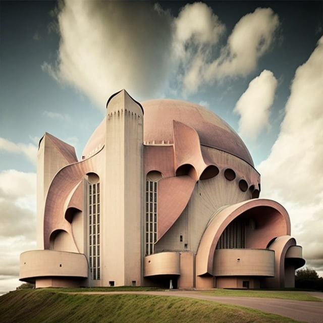 lachsenes Haus mit geschwungenen Bögen und rundem Kuppeldach, dahinter weisse Wolken, eine Art Schornstein vorne am Haus