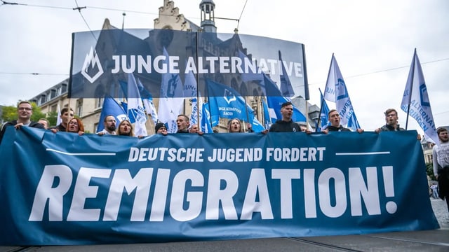 Auf einer Demonstration der AfD wird ein Banner mit der Aufschrft «Remigration» hochgehalten. 