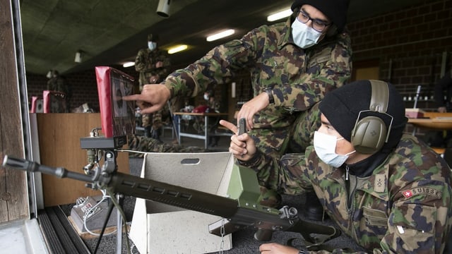 Armee beim Schiessen mit Schutzmasken.