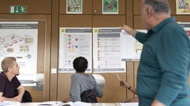 Schueler schauen auf Plakat