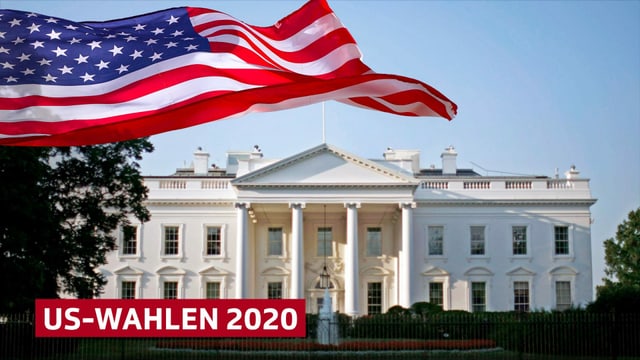 Eine US-Flagge weht vor dem Weissen Haus. Unten links ist ein SRF-Schriftzug mit den Worten "US-Wahlen 2020".