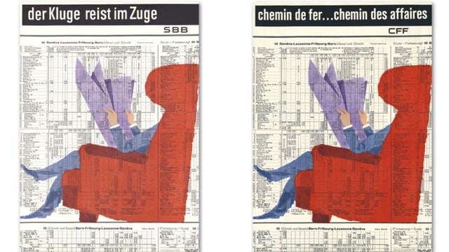 Bahnplakat aus dem Jahr 1958: Seitenansicht eines in der Bahn zeitungslesenden Reisenden, im Hintergrund der Fahrplan